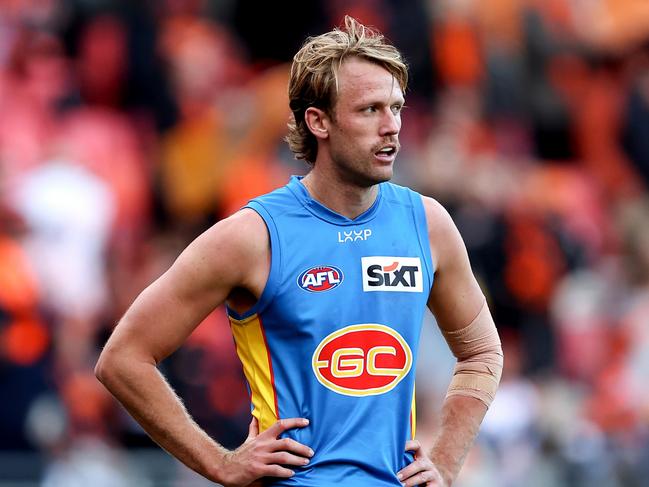 SYDNEY, AUSTRALIA - JULY 20: Jack Lukosius of the Suns reacts at full-time during the round 19 AFL match between Greater Western Sydney Giants and Gold Coast Suns at ENGIE Stadium, on July 20, 2024, in Sydney, Australia. (Photo by Brendon Thorne/AFL Photos/via Getty Images)