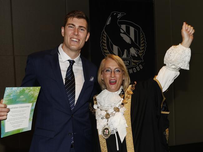 Mason celebrates with Melbourne’s Lord Mayor Sally Capp. Picture: Alex Coppel.