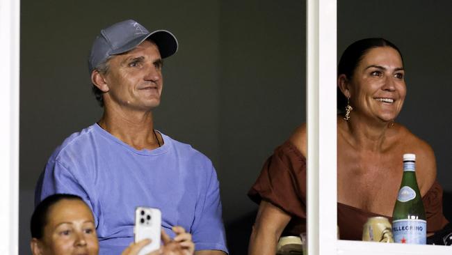 Panthers coach, Ivan Cleary and his wife, Rebecca Cleary watch their son Jett in action. (Photo by Brendon Thorne/Getty Images)