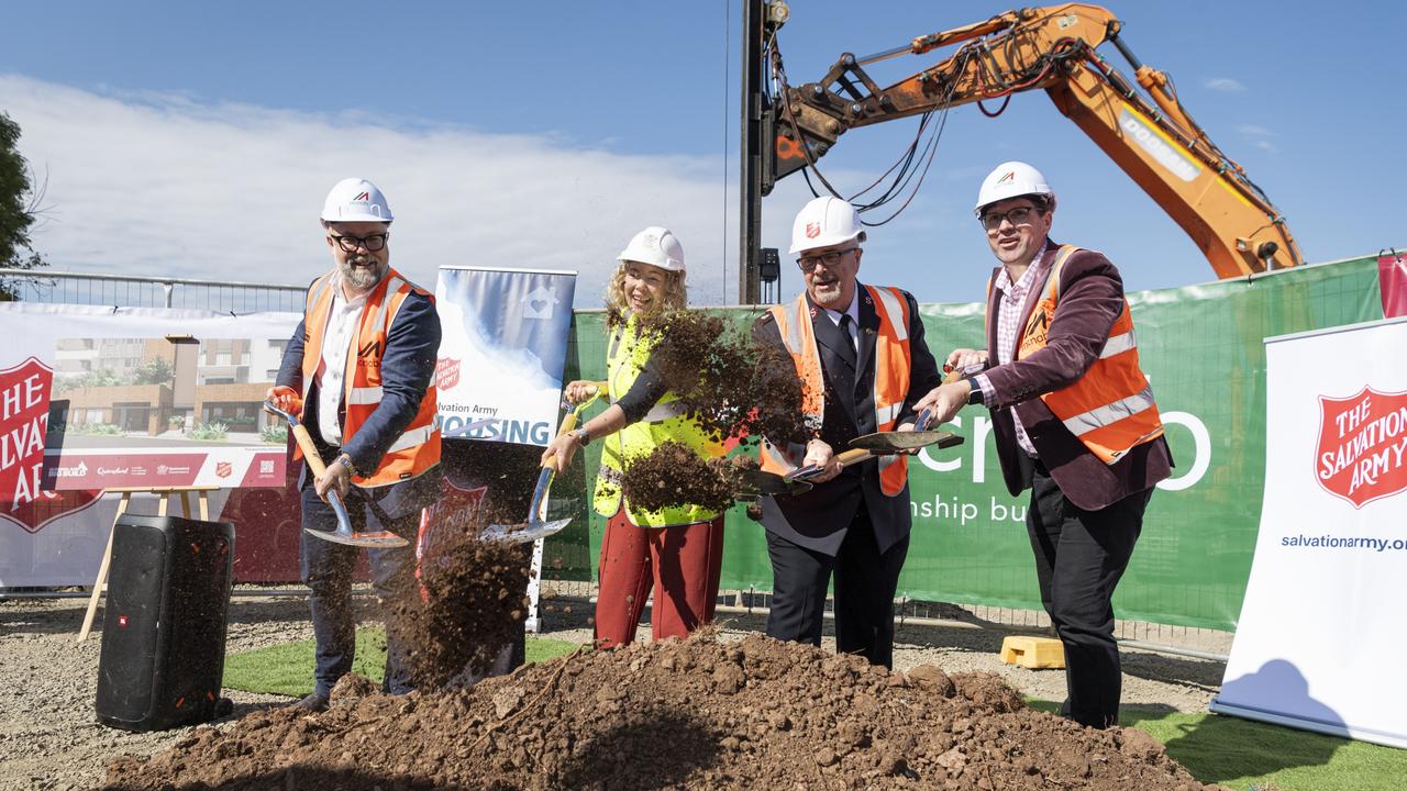 Salvation Army social housing project on Snell St ground breaking ceremony (from left) McNab group marketing and sales general manager Steve Kelk, Assistant Minister for Housing Ali King, Salvation Army Major Mark Everitt and Toowoomba Mayor Geoff McDonald, Friday, June 21, 2024. Picture: Kevin Farmer