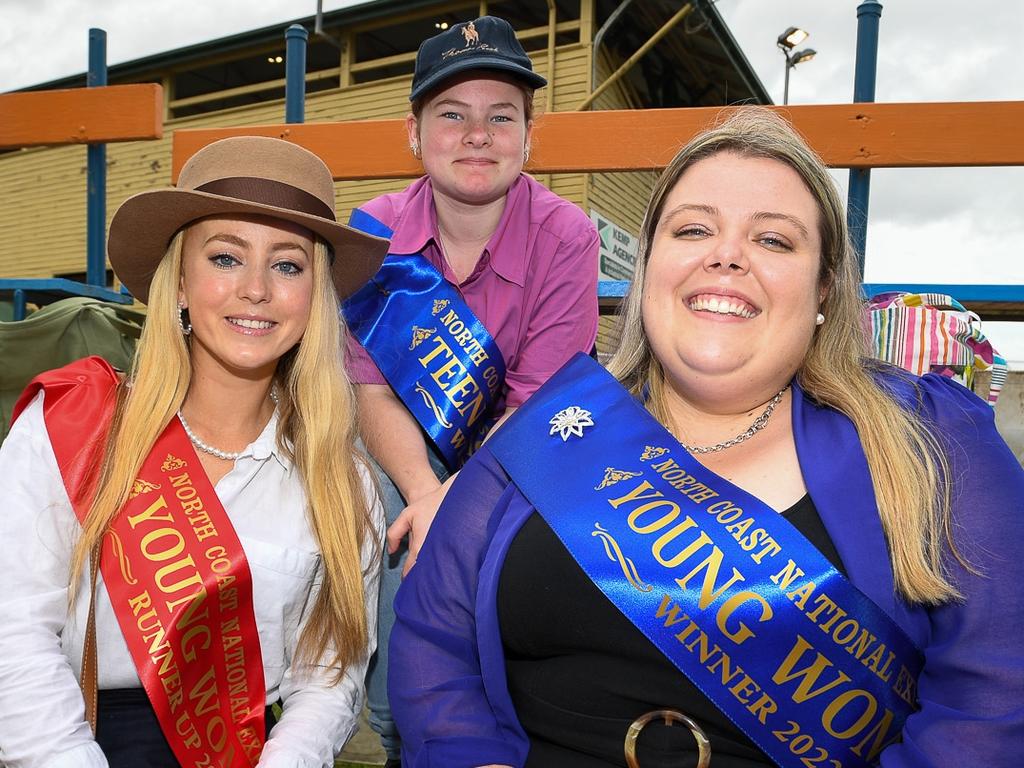 North Coast National 2022 Young Woman Tara Coles, with runner up Summer Chaseling and 2022 Teen Showgirl Katie Johns watching the championship woodchip at the Lismore Show. Picture: Cath Piltz