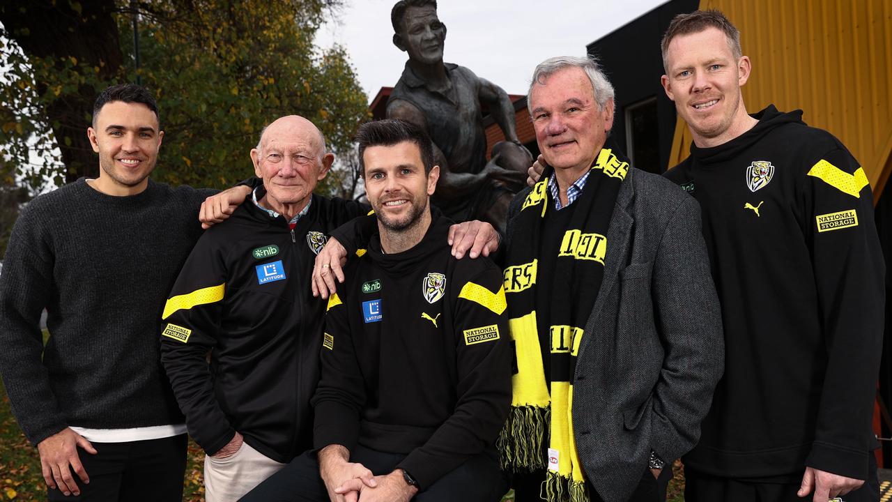 Jack Riewoldt (far right) with fellow Richmond 300 game players, Shane Edwards, Kevin Bartlett, Trent Cotchin and Francis Bourke. Picture: Michael Klein.