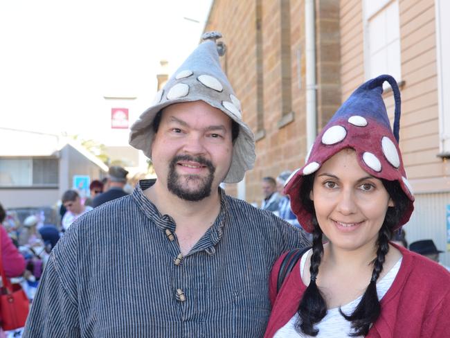 Matthew Probets (left) and Linda Williams from Warwick were dressed as "meandering mushrooms" at Jumpers and Jazz in July in Warwick today.