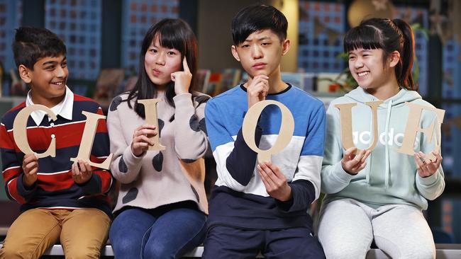 In a prescient photo shoot, Aditya Paul, far left, and Evan Luc Tran, second from right, were photographed together in 2022 for a national feature on Australia’s best spellers. Now they have each won the Red level (Years 7-8) category of the Prime Minister. Picture: Sam Ruttyn