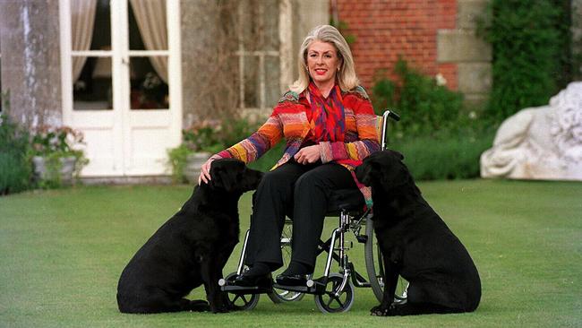 Tryon, after being paralysed in a fall, pictured at her manor home in Great Durnford, Wiltshire, in 1997. She died aged 49, three months after Princess Diana was killed in a car crash in Paris.