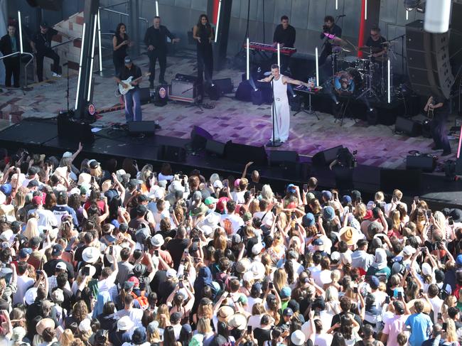 About 12,000 people packed Federation Square for a free Robbie Williams concert in Melbourne Picture: NewsWire/ David Crosling