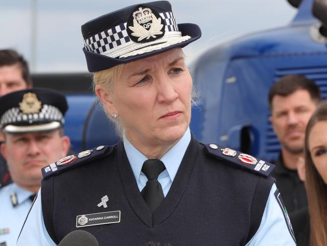 QPS Commissioner  Katarina Carroll speaks to the media  at POL AirHQ at their Carrara base. Picture Glenn Hampson