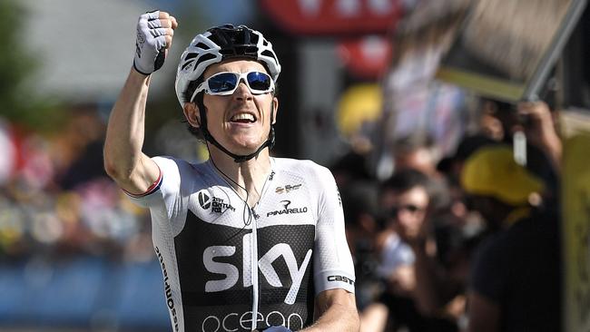 Great Britain's Geraint Thomas celebrates as he crosses the finish line to win Stage 11 of the 105th edition of the Tour de France. Photo: AFP