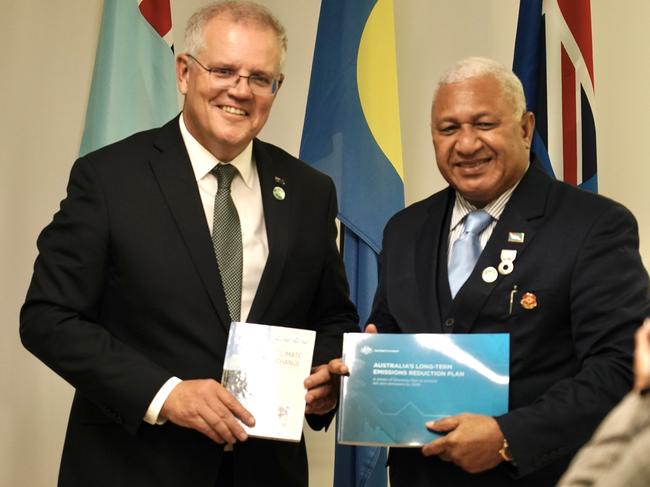 Prime Minister Scott Morrison holds a Pacific Leaders Roundtable along with Hon Josaia Voreqe â€˜Frankâ€™ Bainimarama, Prime Minister of Fiji, The Hon Kausea Natano, Prime Minister of Tuvalu and HE Surangel S. Whipps Jr, President of the Republic of Palau during the COP26 Climate Summit in Glasgow on November 1, 2021. Picture: Adam Taylor