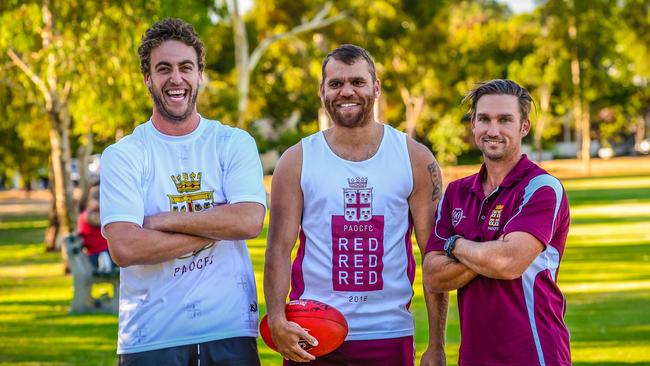 Former Port Adelaide utility Nathan Krakouer (centre) with Prince Alfred Old Collegians captain Tom Brinsley (L) and coach Brett Backwell (R). Krakouer will line up with PAOC during this year's Adelaide Footy League division one season.                                                    Picture: AAP/Roy Vandervegt