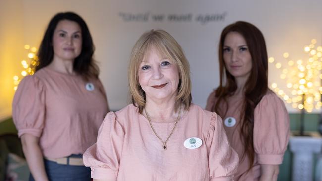 Farewell Funerals’ Shelly Magyar (centre) knits small teddy bears she puts in the coffin of every person. She is pictured with funeral directors Rachel Dorre-Hart and Tamara Greig. Picture: David Kelly