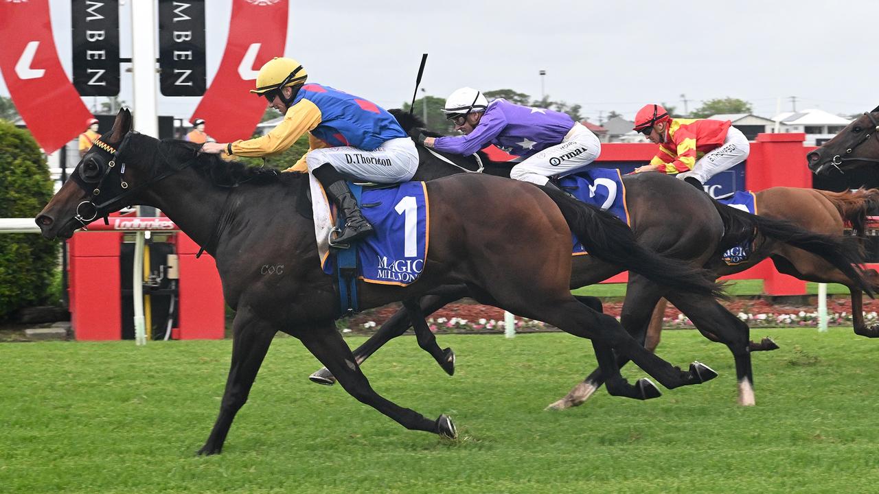 Supplied Editorial Rex Lipp-trained Cifrado storms into Magic Millions contention by
 winning the Vo Rogue Plate at Doomben. Picture: Grant Peters, Trackside Photography.