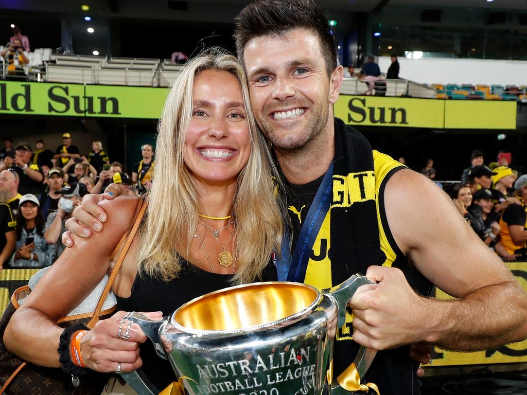 Trent Cotchin, one of Richmond’s greatest-ever captains, celebrated the 2020 premiership with wife Brooke. Picture: AFL Photos/Getty Images