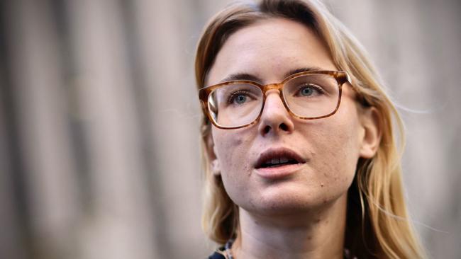 Kara McGee an excused juror, speaks to the media outside Manhattan Criminal Court in New York City. Picture: AFP.