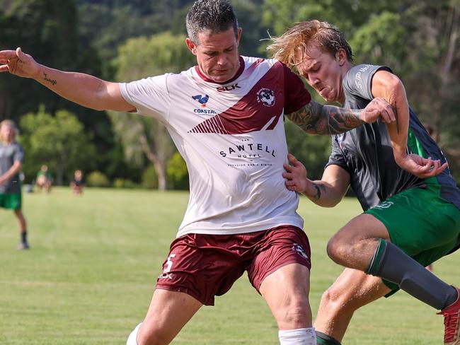 Boambee's new coach and player, former A-League premiership winner, Troy Hearfield, in action against Sawtell FC. Coastal Premier League CPL.