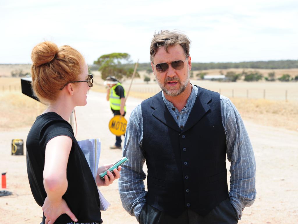 Russell still costume talks to Adelaide Advertiser journalist Callie Watson in between scenes. Picture: Mark Brake