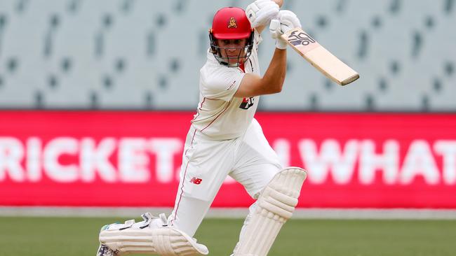 Henry Hunt, recruited from NSW, drives on his way to a century for South Australia against Western Australia during last week’s Sheffield Shield clash at Adelaide Oval. Picture: Sarah Reed/Getty Images