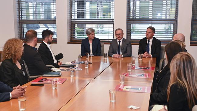 Anthony Albanese, Deputy Prime Minister Richard Marles, and Foreign Minister Penny Wong meeting with family members of Israeli hostages last month. Picture: NCA NewsWire / Martin Ollman