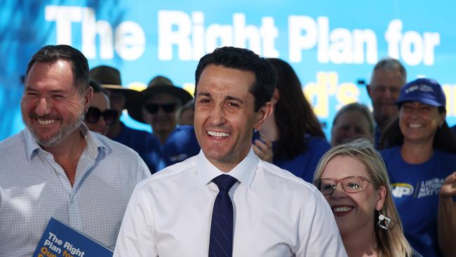 Leader of the Opposition David Crisafulli with Kendall Morton LNP candidate for Caloundra, and Andrew Powell MP, Golden Beach. Picture: Liam Kidston