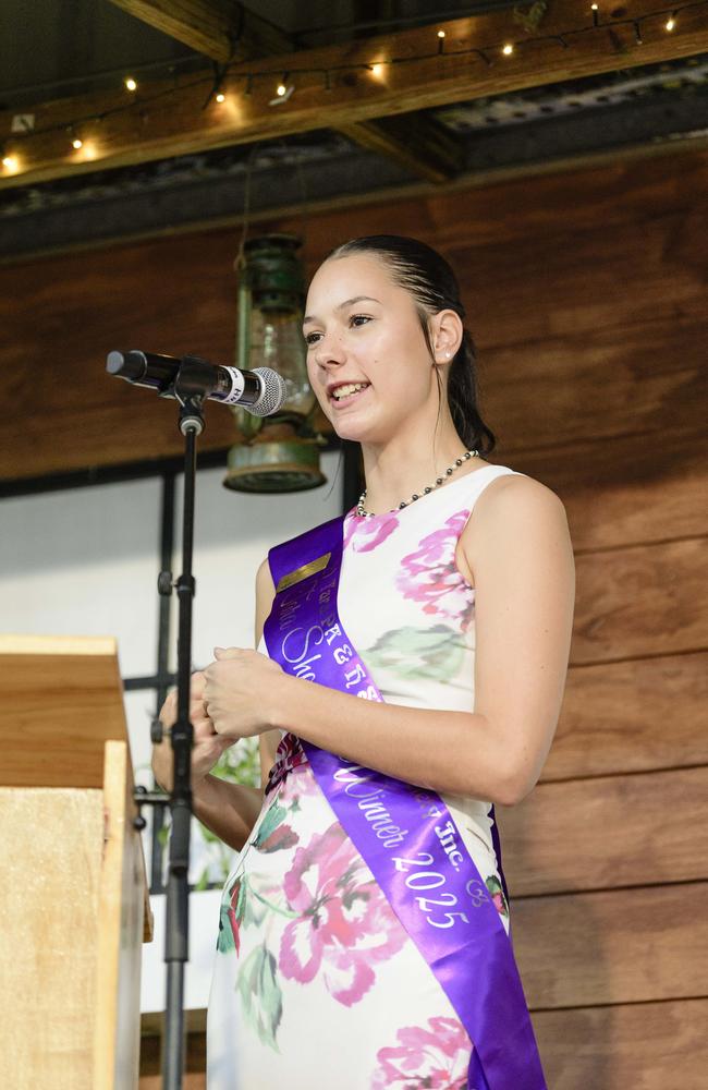 Azarlia Barlow-Smith, representing Tara, speaking at the Darling Downs Showgirl announcement at the People First Bank Toowoomba Royal Show, Saturday, March 29, 2025. Picture: Kevin Farmer