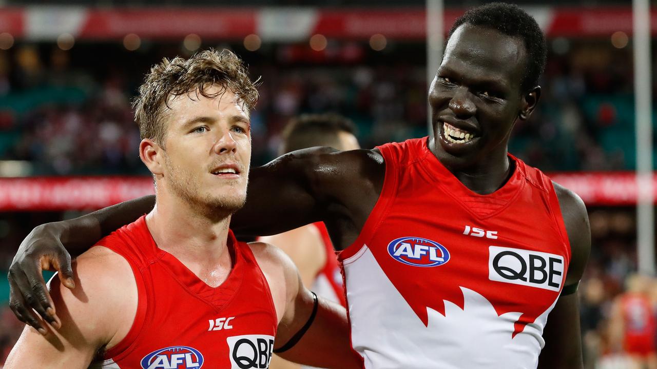 Aliir Aliir, alongside Luke Parker, while at the Swans. Picture: Adam Trafford/AFL Media/Getty Images