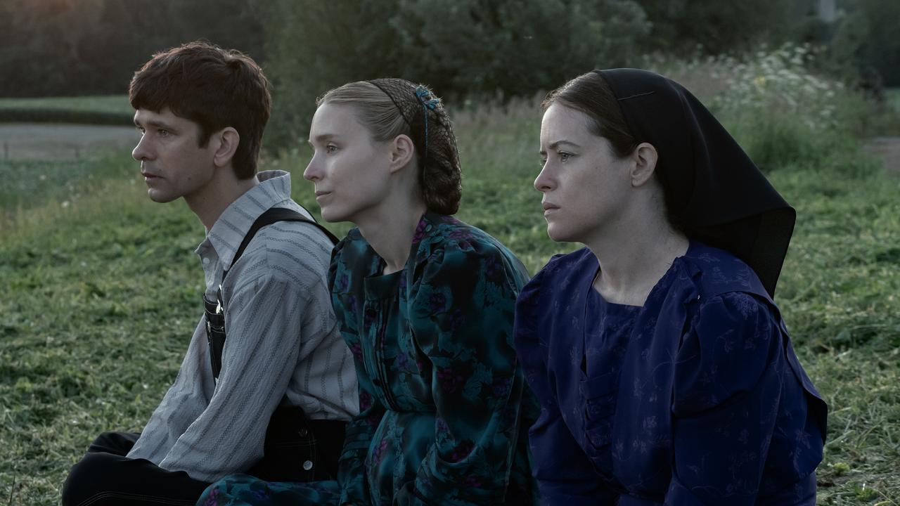 Ben Whishaw, Rooney Mara and Claire Foy in Women Talking. Picture: Michael Gibson/Orion Pictures