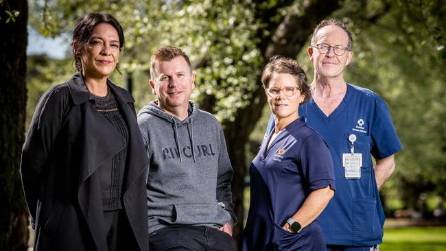 Dale Atkin - Bali bombing survivor - is reunited with medical professionals from the Alfred Hospital Yvonne Singer, Hana Menezes and Mark Fitzgerald. Picture: Jake Nowakowski.