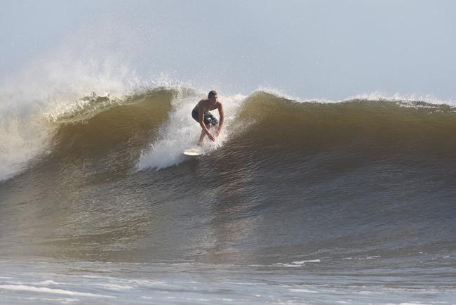 The moves were bigger and the tubes getting longer as the swell from an ex-cyclone sends massive waves onto the Sunshine Coast point breaks. Picture: Nicholas Falconer