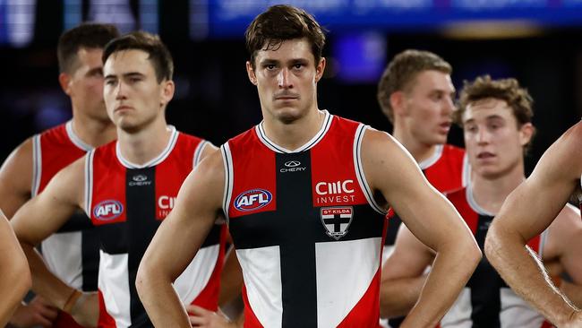 MELBOURNE, AUSTRALIA - APRIL 20: Jack Steele of the Saints looks dejected after a loss during the 2025 AFL Round 06 match between the Western Bulldogs and the St Kilda Saints at Marvel Stadium on April 20, 2025 in Melbourne, Australia. (Photo by Michael Willson/AFL Photos via Getty Images)