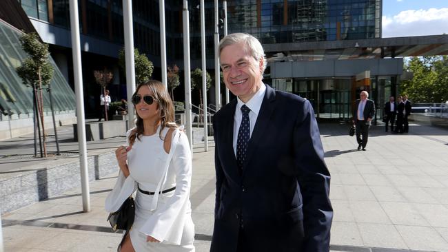 Victorian Liberal state president Michael Kroger with JT Campbell’s Carlie Boal, leaves Federal Court in Melbourne yesterday. Picture: David Geraghty