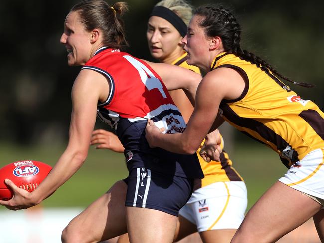 Karen Paxman of Darebin is tackled by Lauren Costello of Box Hill during the VFL Womens football match between Darebin Falcons and Box Hill played at Westgarth Street Northcote on Sunday 25th June, 2017. Picture: Mark Dadswell