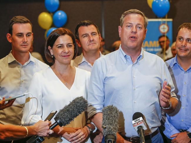 Queensland LNP leader Tim Nicholls (2nd from right) speaks to media at a doorstop during a visit to a small business forum at Nerang RSL along with, (L-R) LNP candidate for Bonney Sam O'Connor, deputy leader Deb Frecklington, LNP member Sid Cramp and LNP candidate for Theodore Mark Boothman, as part of the 2017 Queensland election campaign, in Brisbane, Tuesday, October 31, 2017. (AAP Image/Glenn Hunt) NO ARCHIVING