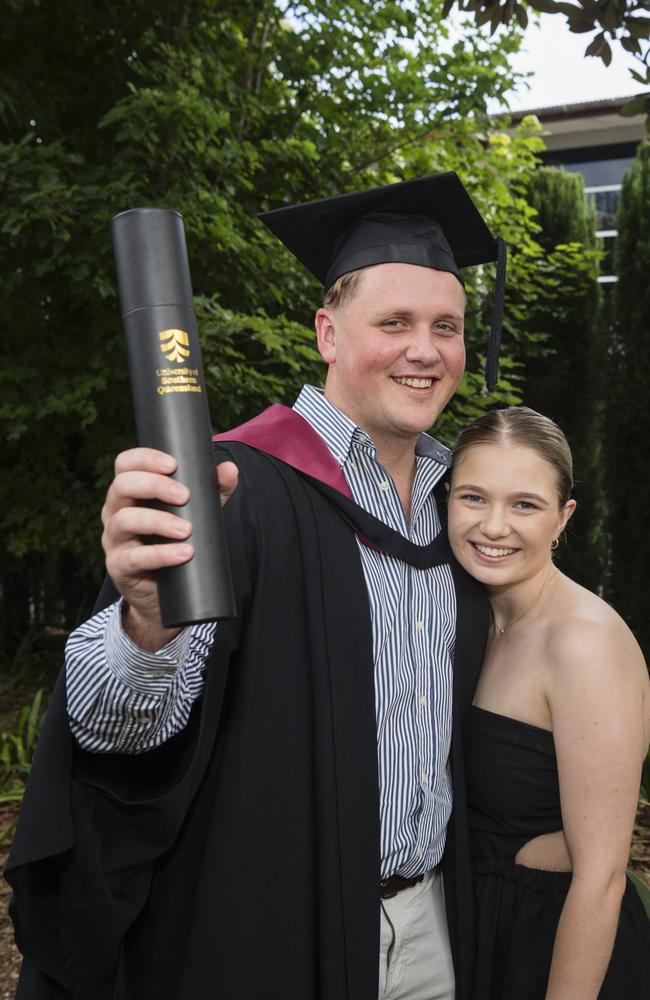 Bachelor of Engineering graduate Blake Neumann with partner Lauren Fisher at a UniSQ graduation ceremony at Empire Theatres, Wednesday, February 14, 2024. Picture: Kevin Farmer