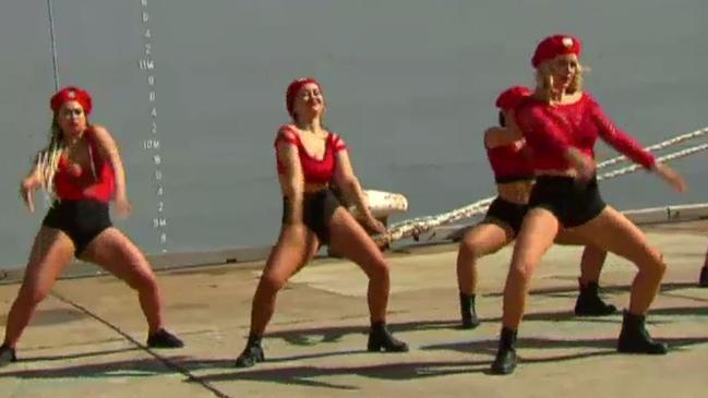 The 101 Doll Squadron dance troupe that performed as part of the HMAS Supply launch and filmed by the ABC. Picture: ABC