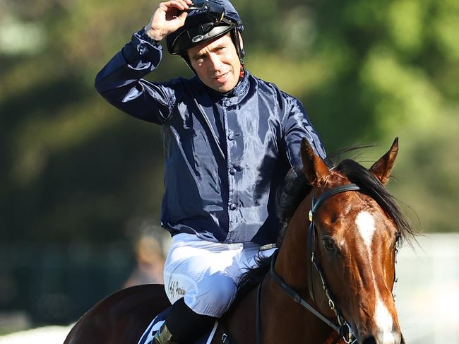 SYDNEY, AUSTRALIA - AUGUST 31: Adam Hyeronimus riding Storm Boy wins Race 6 Smithfield RSL San Domenico Stakes during Sydney Racing at Rosehill Gardens on August 31, 2024 in Sydney, Australia. (Photo by Jeremy Ng/Getty Images)