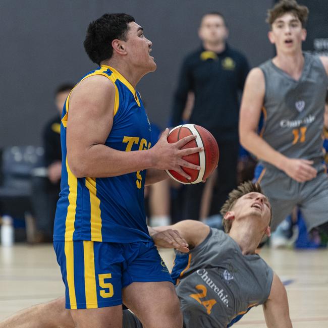 Keahn Tuakura draws a foul for Toowoomba Grammar School 1st V against Churchie 1st V in Round 4 GPS basketball at Toowoomba Grammar School, Saturday, August 3, 2024. Picture: Kevin Farmer