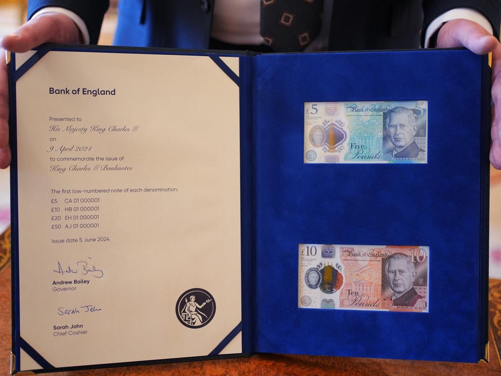 King Charles received a leather-bound booklet containing the historic legal tender. It was a milestone moment for the monarch, who is undergoing treatment for an undisclosed cancer. Picture: Getty Images