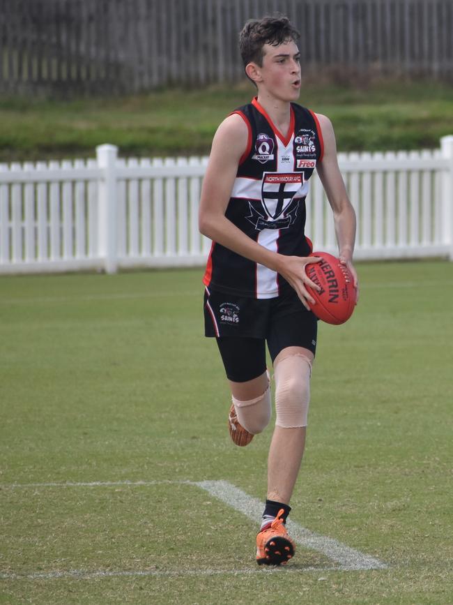 Jackson Fagan in the North Mackay Saints v Mackay Swarks u14 AFL grand final at Magpies Sporting Club, Mackay, September 11, 2021. Picture: Matthew Forrest