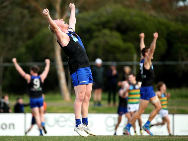 Josh Green of Uni Blues celebrates on the final siren during VAFA (Premier) Grand  Final: University Blues v St Kevin's on Sunday, September 22, 2019, in Elsternwick, Victoria, Australia. Picture: Hamish Blair