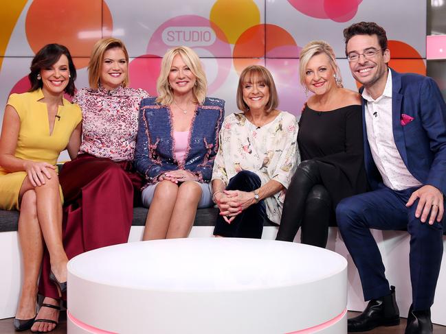 DAILY TELEGRAPH - Pictured is Kerri-Anne Kennerley on the set of Studio 10, with the cast (L-R) Natarsha Belling, Sarah Harris, Kerri-Anne, Denise Drysdale, Angela Bishop and Joe Hildebrand, for the first time since the death of her husband. Picture: Tim Hunter.