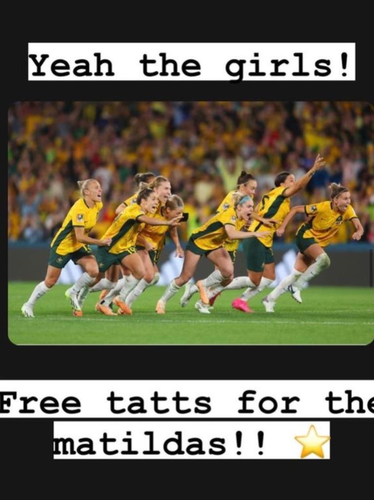 Ms Jane is also offering free tattoos to any member of the Matildas, but they're yet to take her up on the offer.