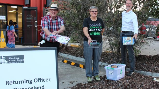 Forest Lake ward councillor Charles Strunk, Greens candidate Jenny Mulkearns and LNP candidate Roger Hooper at the Forest Lake night polling both