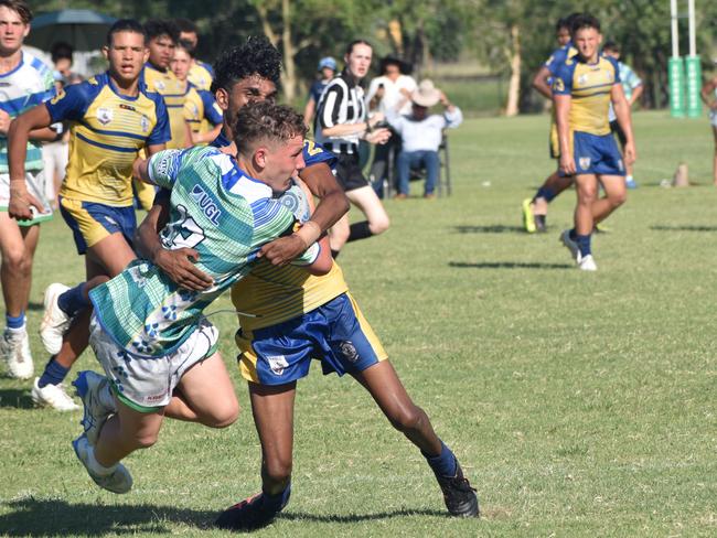 There were plenty of big hits in the under-17 grand final. Photo: Pam McKay