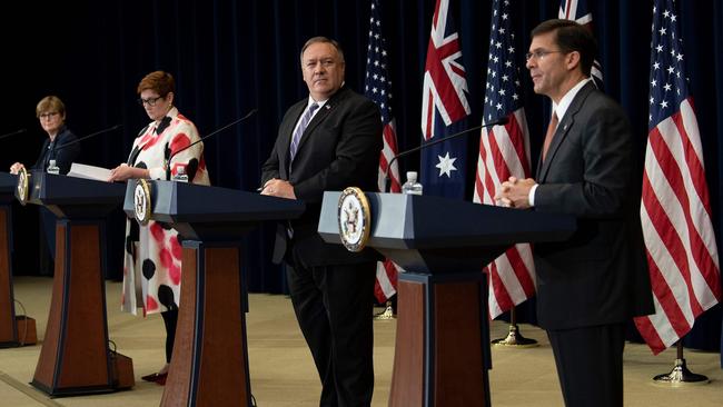 Linda Reynolds, left, Marise Payne, Mike Pompeo and Mark Esper at the AUSMIN talks in Washington. Picture: AFP