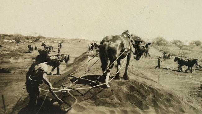 Construction of the line between Oodnadatta and Alice Springs in the 1920s. Picture: Old Timers Museum Alice. Featured The Meeting Place Jane Munday