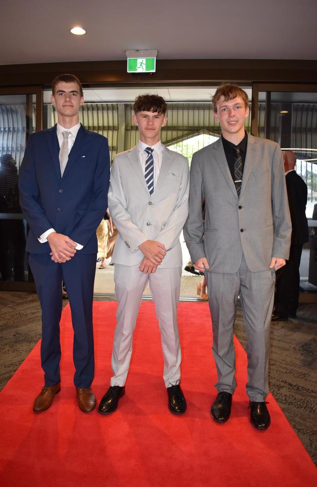 Zac Walker, William Russell and Tyler Davies at the Suncoast Christian College formal 2024.