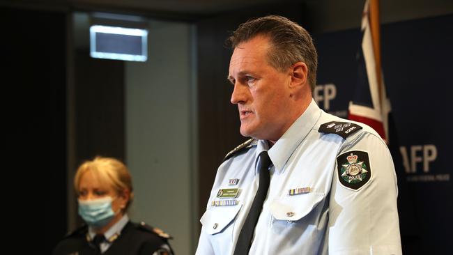 AFP Acting Assistant Commissioner Andrew Donoghoe said the man was connected to a group alleged to be behind the fake video falsely claiming to be from the AFP Commissioner. Picture: NCA NewsWire / Jono Searle