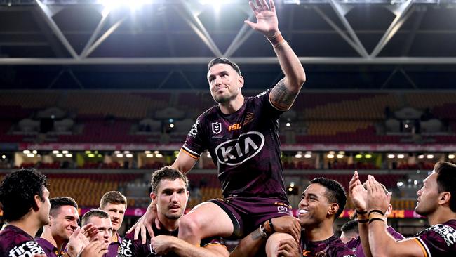 Darius Boyd is chaired off Suncorp in his last game. Picture: Bradley Kanaris/Getty