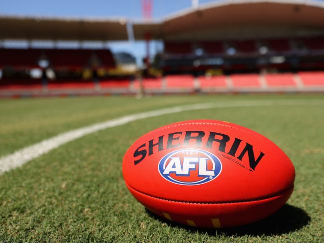 SYDNEY, AUSTRALIA - MARCH 19: A match ball Sherrin is seen during the round one AFL match between Greater Western Sydney Giants and Adelaide Crows at GIANTS Stadium, on March 19, 2023, in Sydney, Australia. (Photo by Cameron Spencer/AFL Photos/Getty Images)