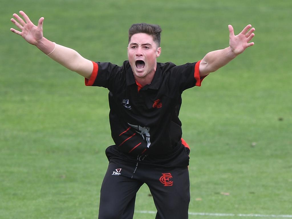 Connor Rutland of Essendon appeals for a wicket. He’s joined Carlton. Picture: Julian Smith